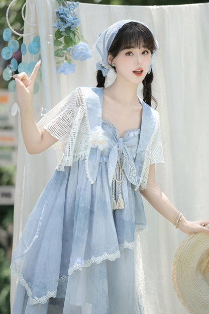 Azure Clouds Resting in the Wilderness Print Ruffle Embroidery Bow Lace Irregular Lolita Jumper Dress