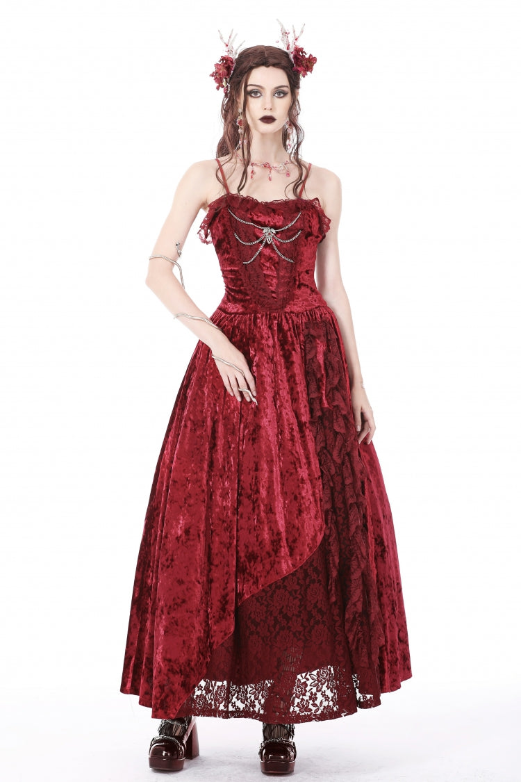 Crimson Sleeveless Gothic Velvet Slip Maxi Dress with Lace and Chains