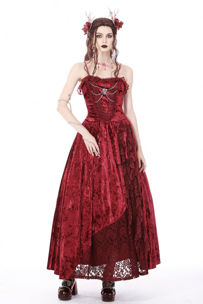 Crimson Sleeveless Gothic Velvet Slip Maxi Dress with Lace and Chains
