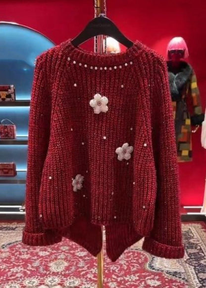 Pull en tricot de coton épais à col rond et motif floral rouge élégant pour l'hiver WD037 