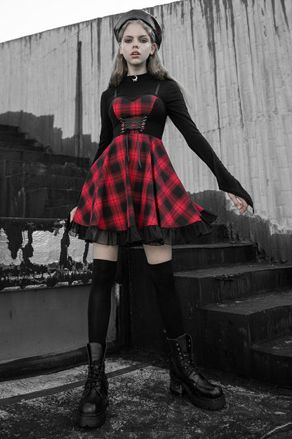 Crimson & Charcoal Tartan Ruffle Lace Punk Dress