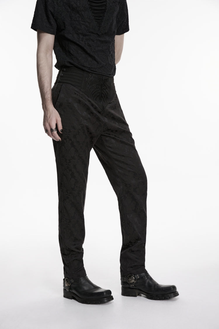 Slim Pleated Embroidered Gothic Pants for Men in Black