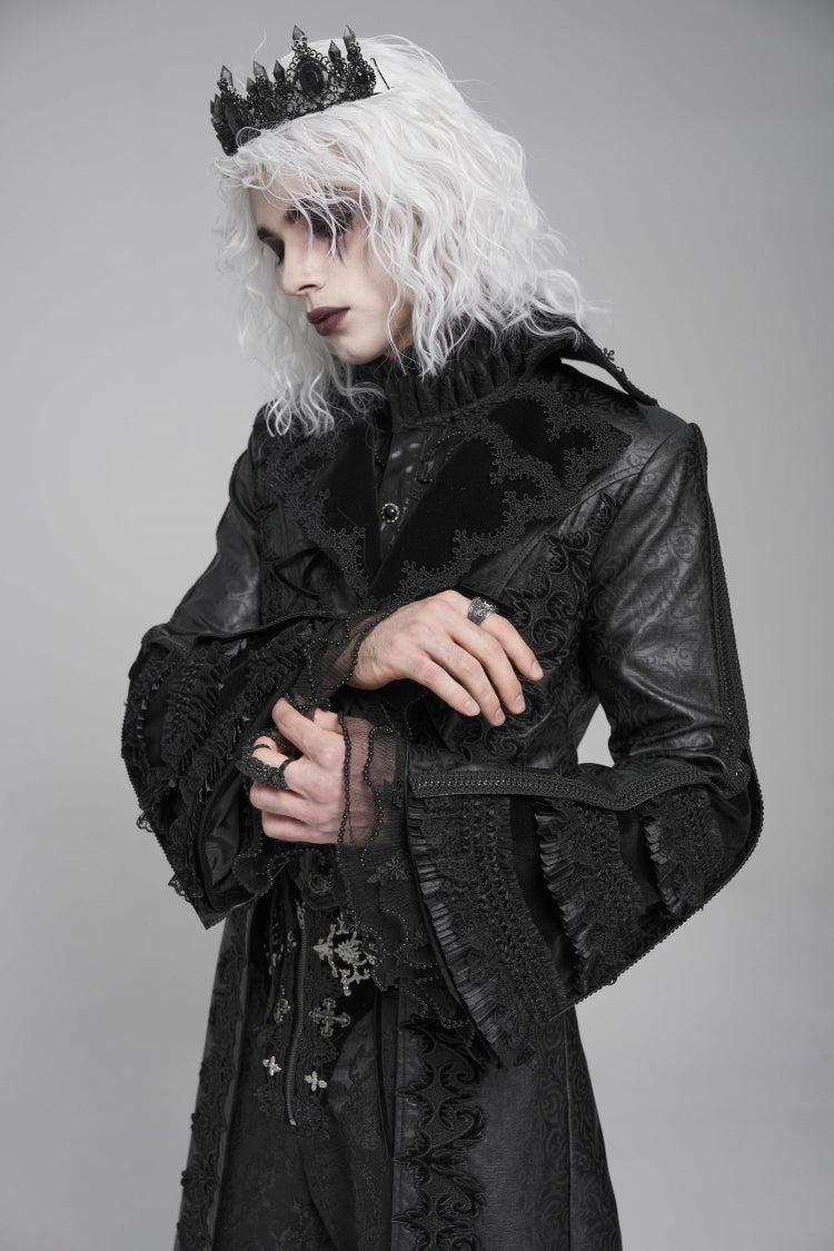 Ebony Flared-Sleeve Floral Crochet Lace-Up Men's Gothic Overcoat