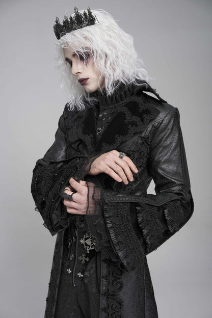 Ebony Flared-Sleeve Floral Crochet Lace-Up Men's Gothic Overcoat