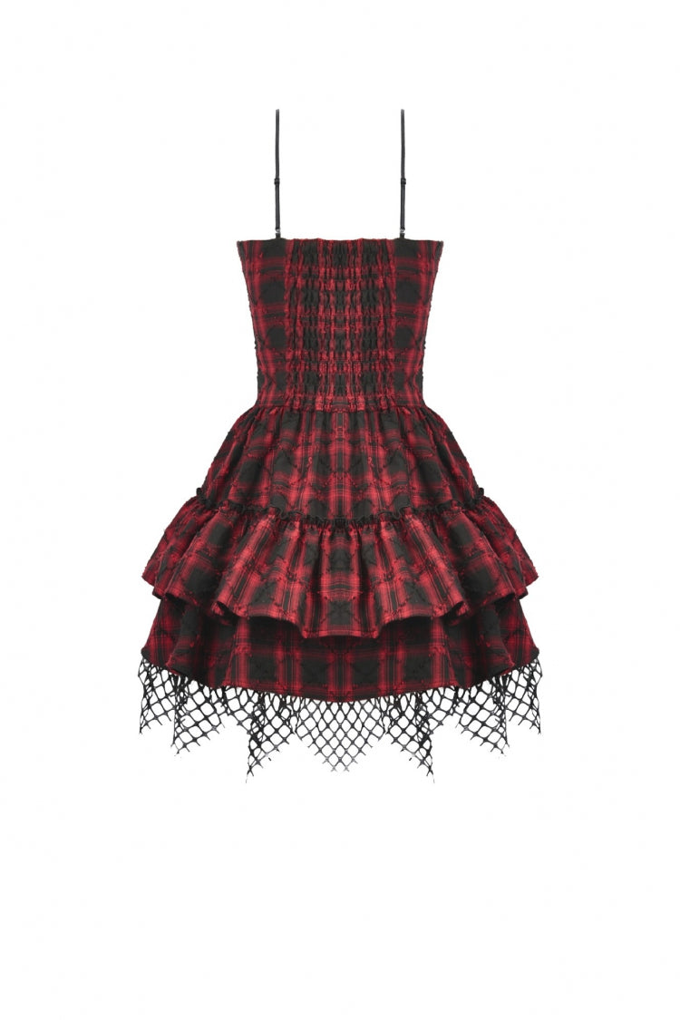 Crimson & Charcoal Tartan Leather Multi-Tier Ruffled Punk Sweetcore Slip Dress