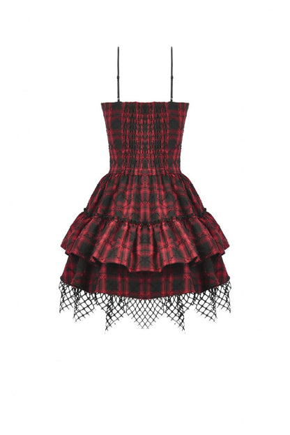 Crimson & Charcoal Tartan Leather Multi-Tier Ruffled Punk Sweetcore Slip Dress