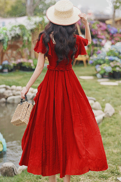 Crimson Halterneck Vintage Lolita Long Skirt Set with Ruffles