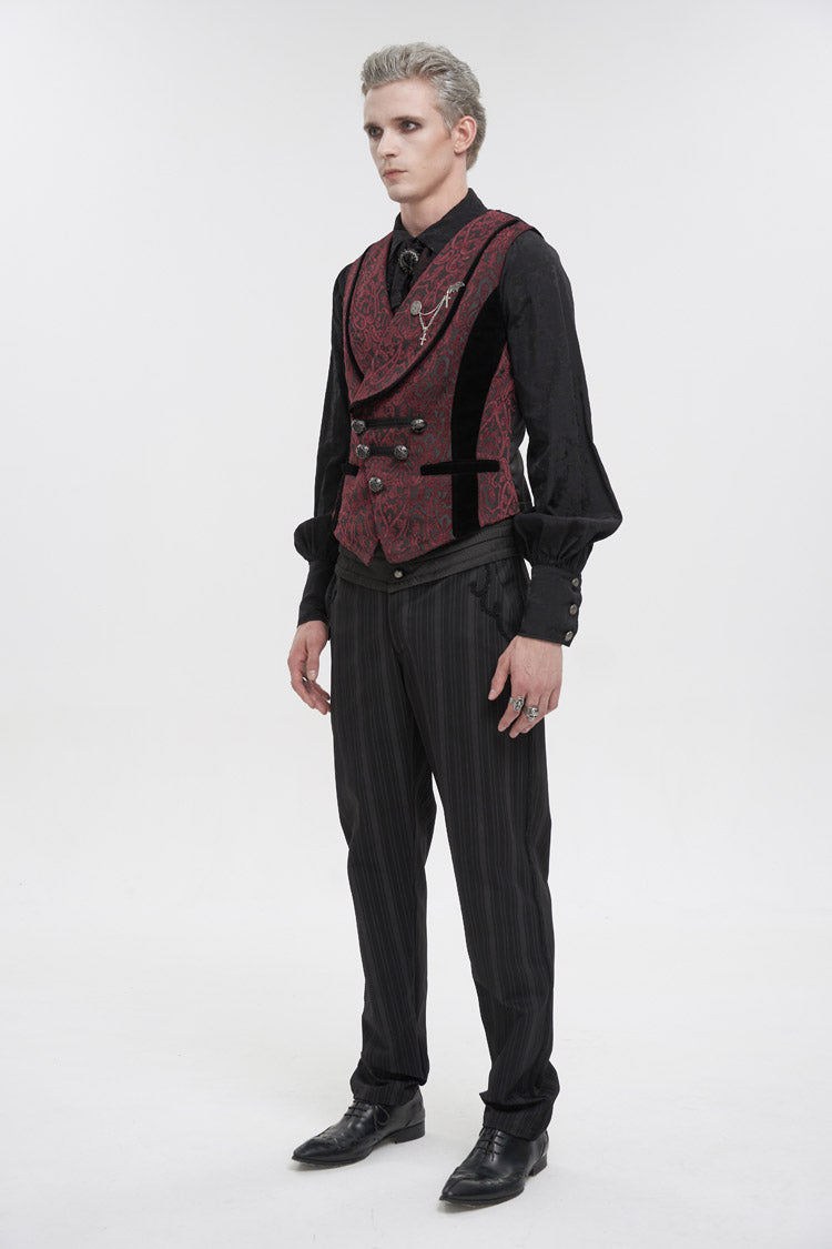 Crimson Slim Retro Gothic Vest with Jacquard and Metal Chain