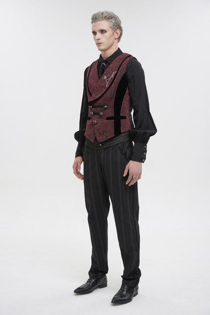 Crimson Slim Retro Gothic Vest with Jacquard and Metal Chain