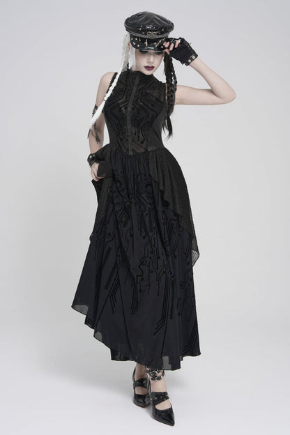 Gorgeous Black Punk Dress for Women, Layered Print with Sheer Fabric