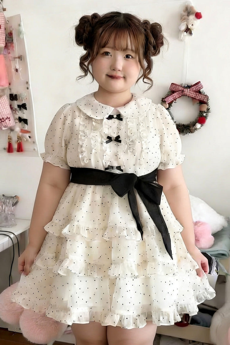 Ivory Doll Collar Short-Sleeve Polka Dot Ruffled Plus-Size Princess Lolita Dress