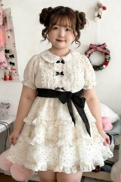 Ivory Doll Collar Short-Sleeve Polka Dot Ruffled Plus-Size Princess Lolita Dress