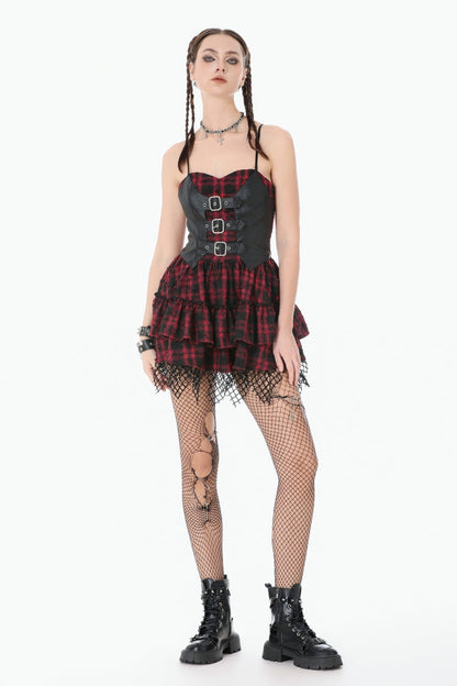 Crimson & Charcoal Tartan Leather Multi-Tier Ruffled Punk Sweetcore Slip Dress