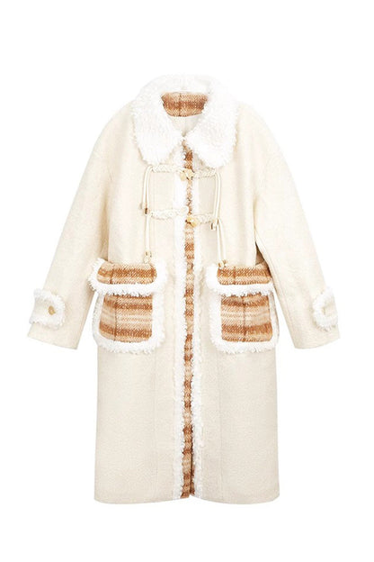 Sweet Lolita Coat with Doll Collar, Plaid Print Stitching & Long Sleeves, Cream