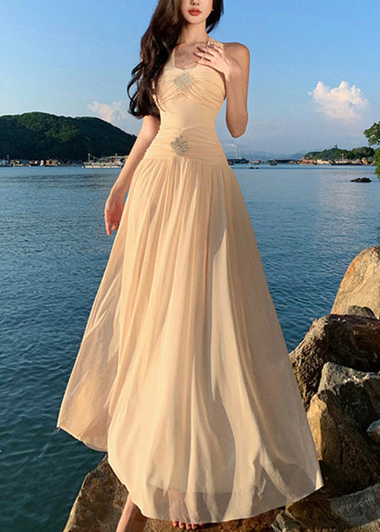 Dresses Waist Wrinkled High Long Cotton Summer Apricot