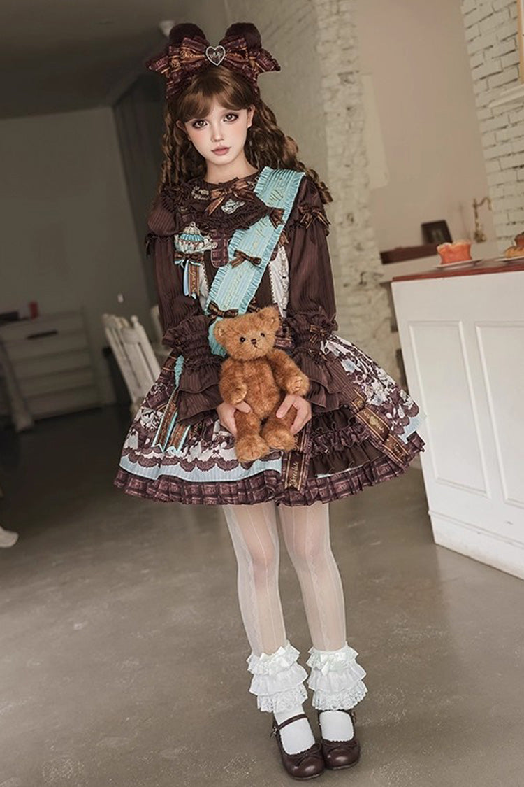 Teddy Bear Chocolate Asymmetric Lolita Strap Dress with Bow - Sleeveless