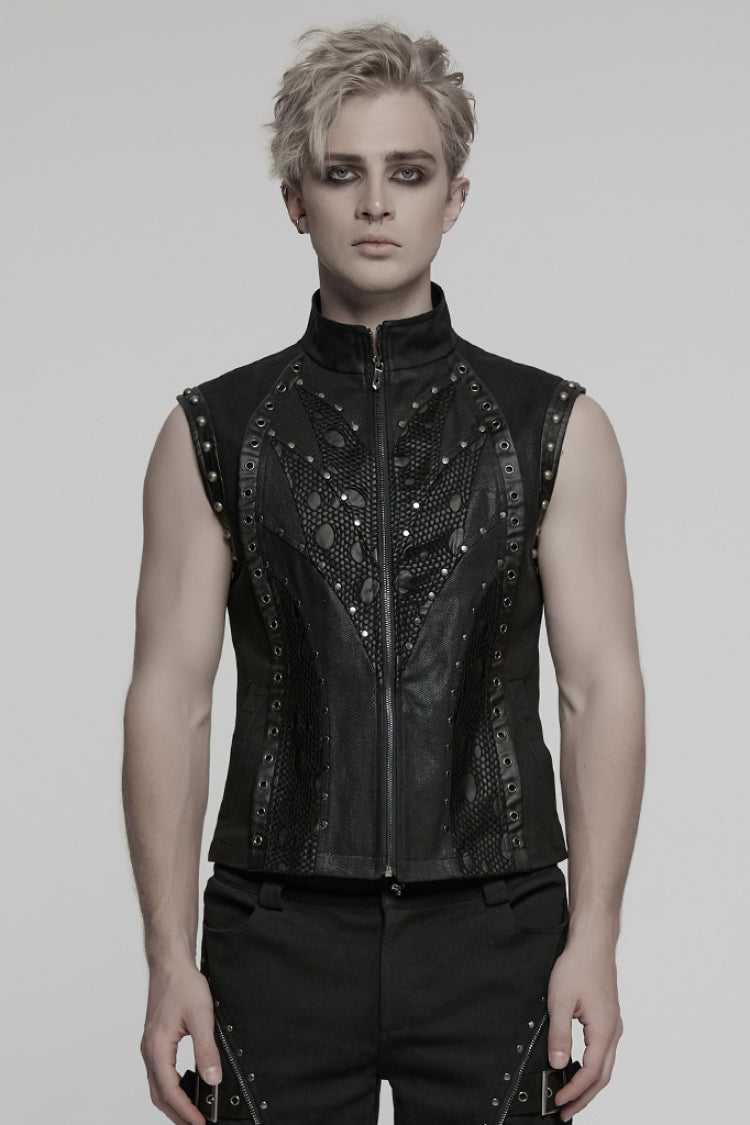 Gothic Men's Mesh Vest, Black with Stitched Mandarin Collar