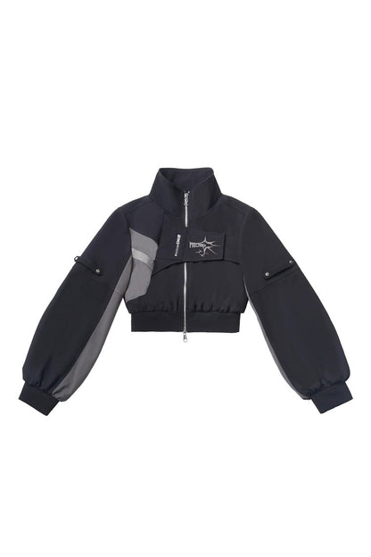 Ebony Techwear Paneled Zip Trousers & Cropped Jacket - Holographic Cruise