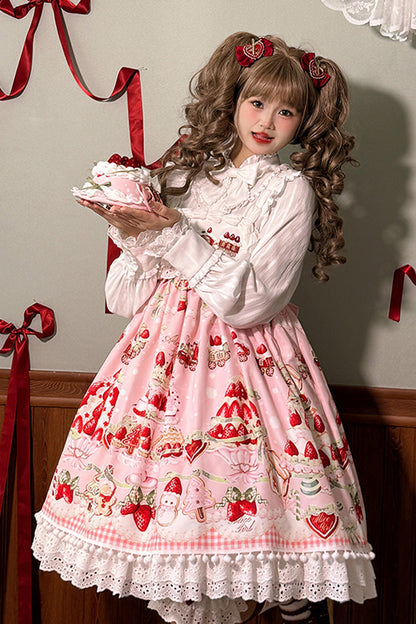 High Waisted Ruffle Bowknot Sweet Lolita JSK Dress with Strawberry Dessert Print - 4 Colors