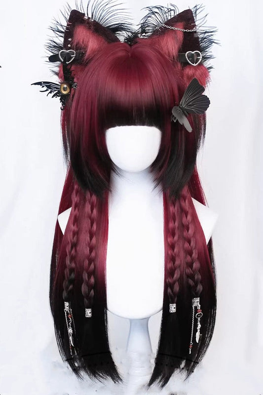 Ombre Burgundy Black Gothic Lolita Long Wig with Bangs - Elegant