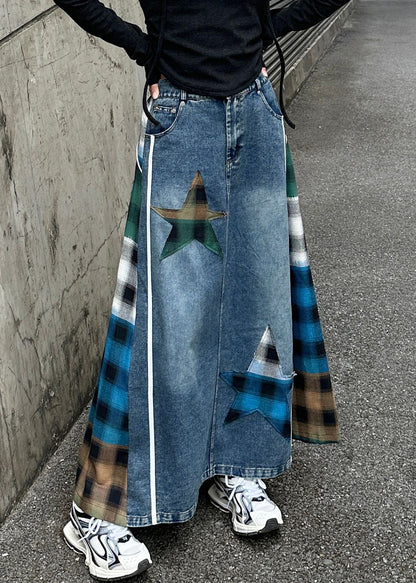 High Loose Waist Plaid Patchwork Spring Blue Skirt Denim