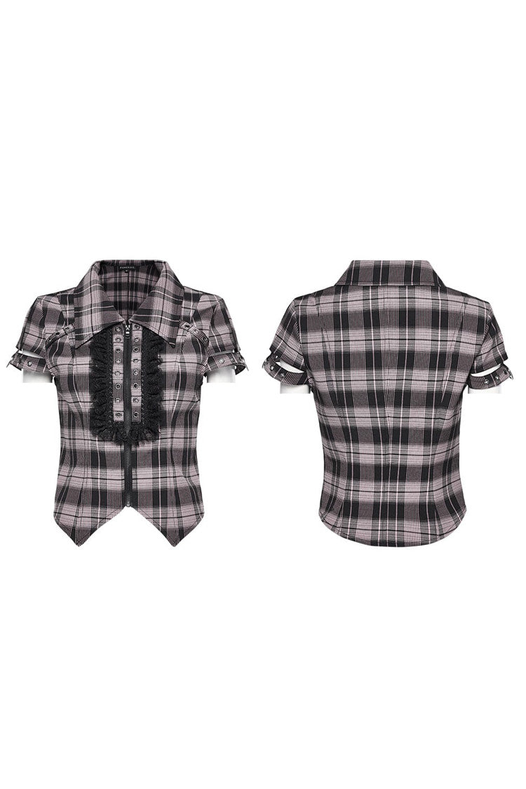 Steampunk Hollow-Lace Plaid Blouse with Short Sleeves in Two Shades - VictorianRose