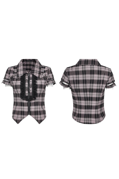 Steampunk Hollow-Lace Plaid Blouse with Short Sleeves in Two Shades - VictorianRose