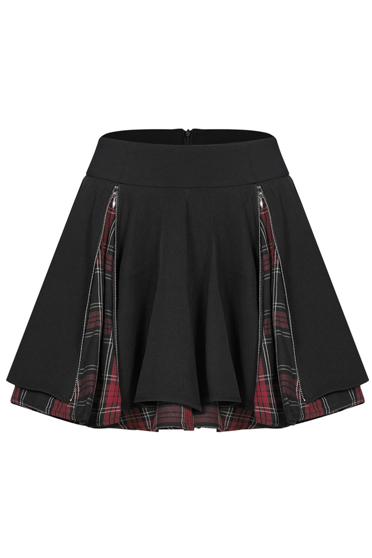 Crimson & Obsidian Splice Plaid Metal Zipper Decoration Pleated Punk Skirt