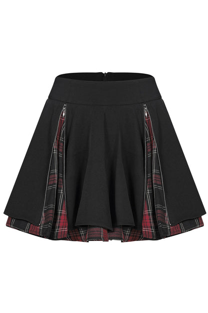 Crimson & Obsidian Splice Plaid Metal Zipper Decoration Pleated Punk Skirt