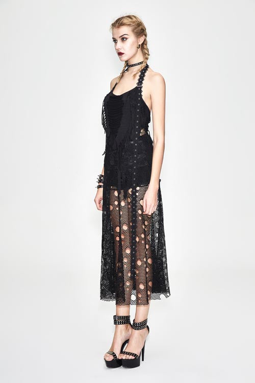 Void Halterneck Peplum Dress with Mesh Cutouts