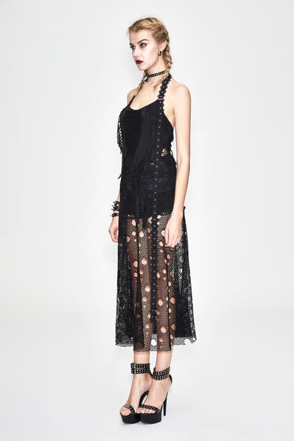 Void Halterneck Peplum Dress with Mesh Cutouts