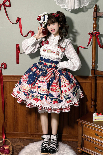 Natural Waisted Ruffle Bowknot Sweet Lolita JSK Dress with Strawberry Dessert Print - 4 Colors