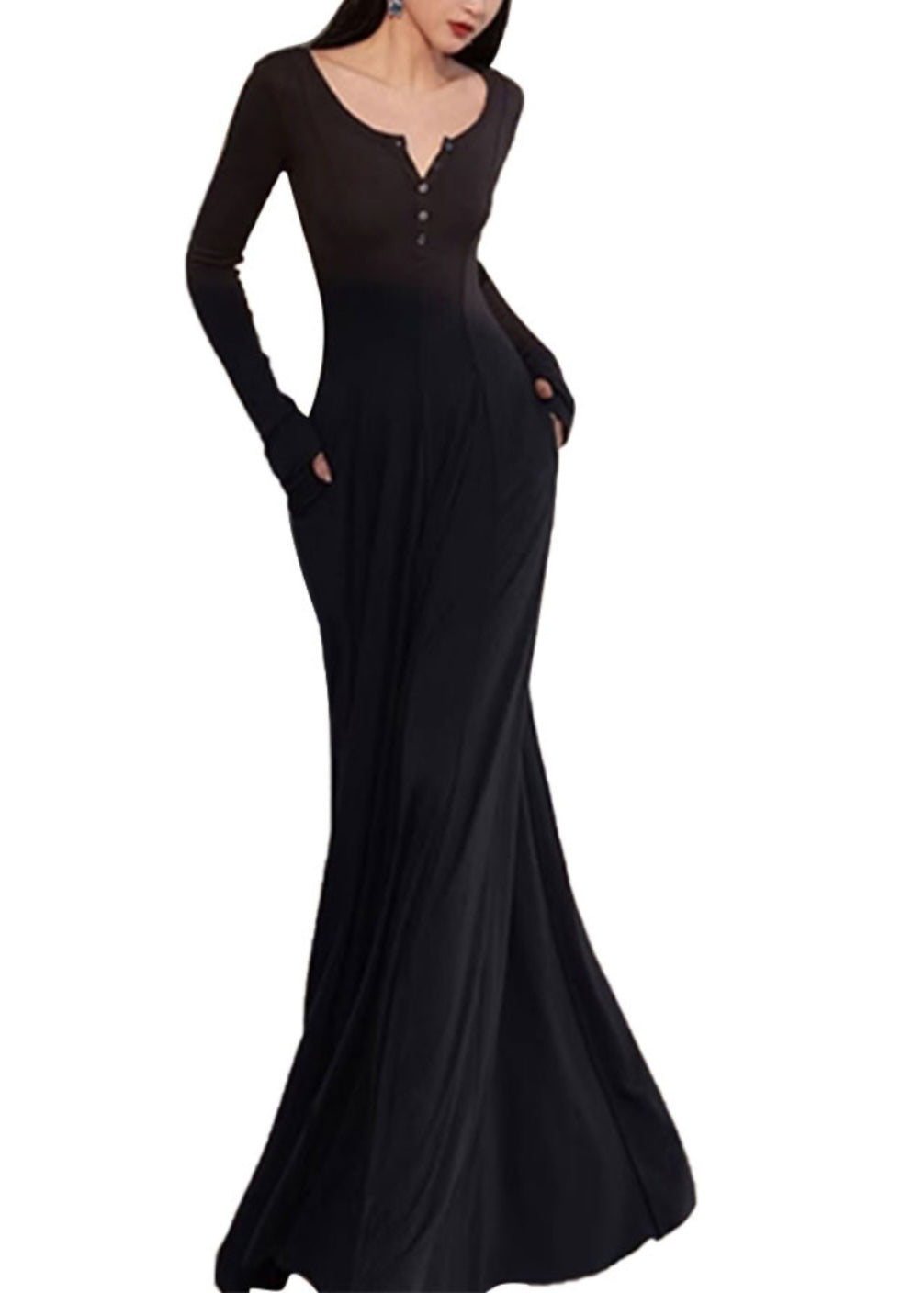 V Spring New Long Fit Black Dress Slim Simple Neck Cotton