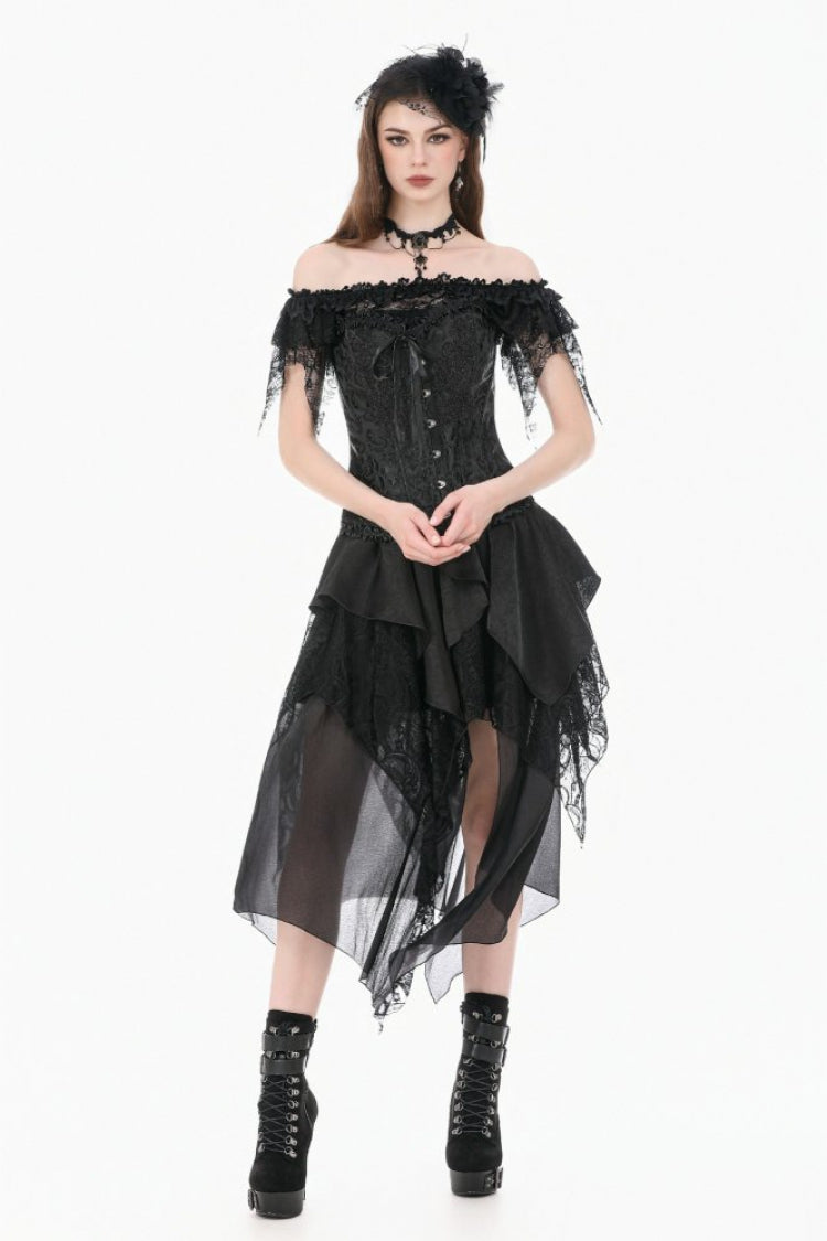 Women's Gothic Overbust Corset with Ruffled Lace and Lace-Up in Black Jacquard