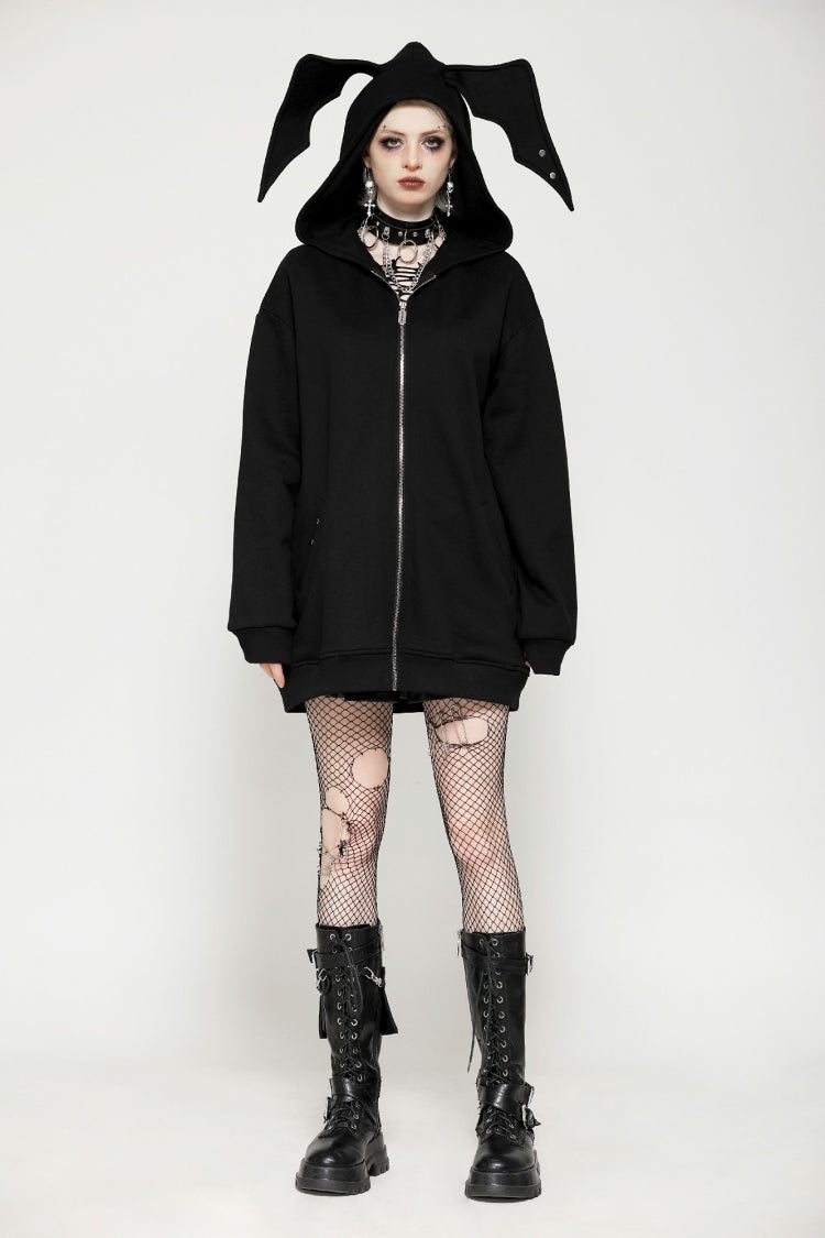 Ebony Long-Sleeve Zip-Up Gothic Batwing Hoodie