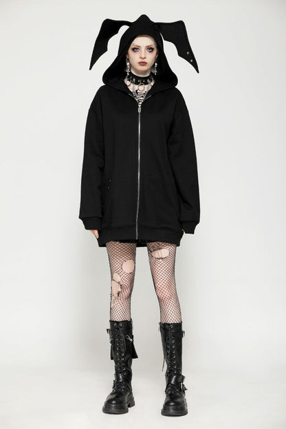 Ebony Long-Sleeve Zip-Up Gothic Batwing Hoodie