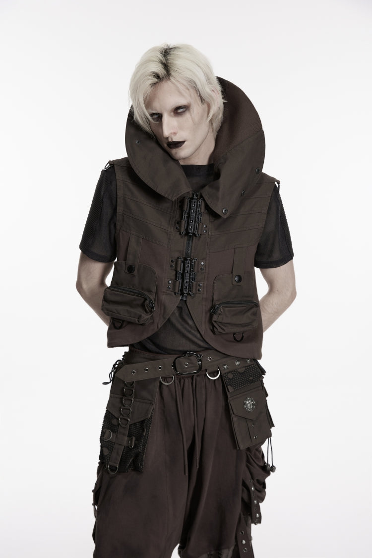 Men's Black Punk Vest, Convertible Collar with Patch Pockets