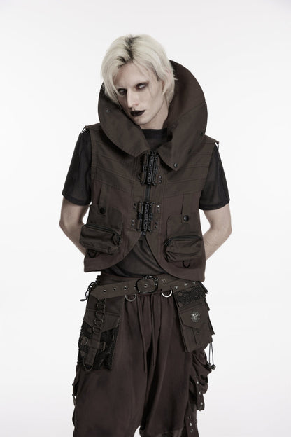 Men's Black Punk Vest, Convertible Collar with Patch Pockets