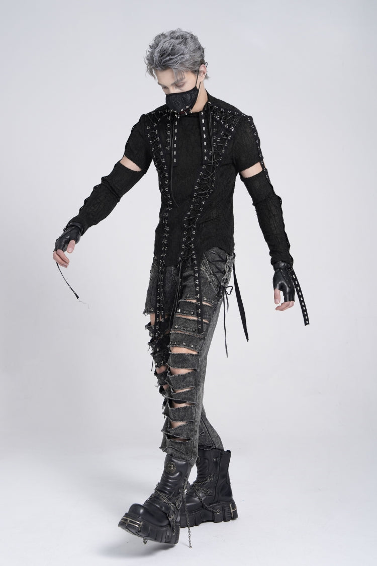 Ebony Long-Sleeve Strap Lace-Up Irregular Sheer Men's Punk Tee