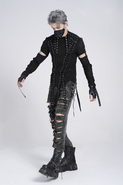 Ebony Long-Sleeve Strap Lace-Up Irregular Sheer Men's Punk Tee