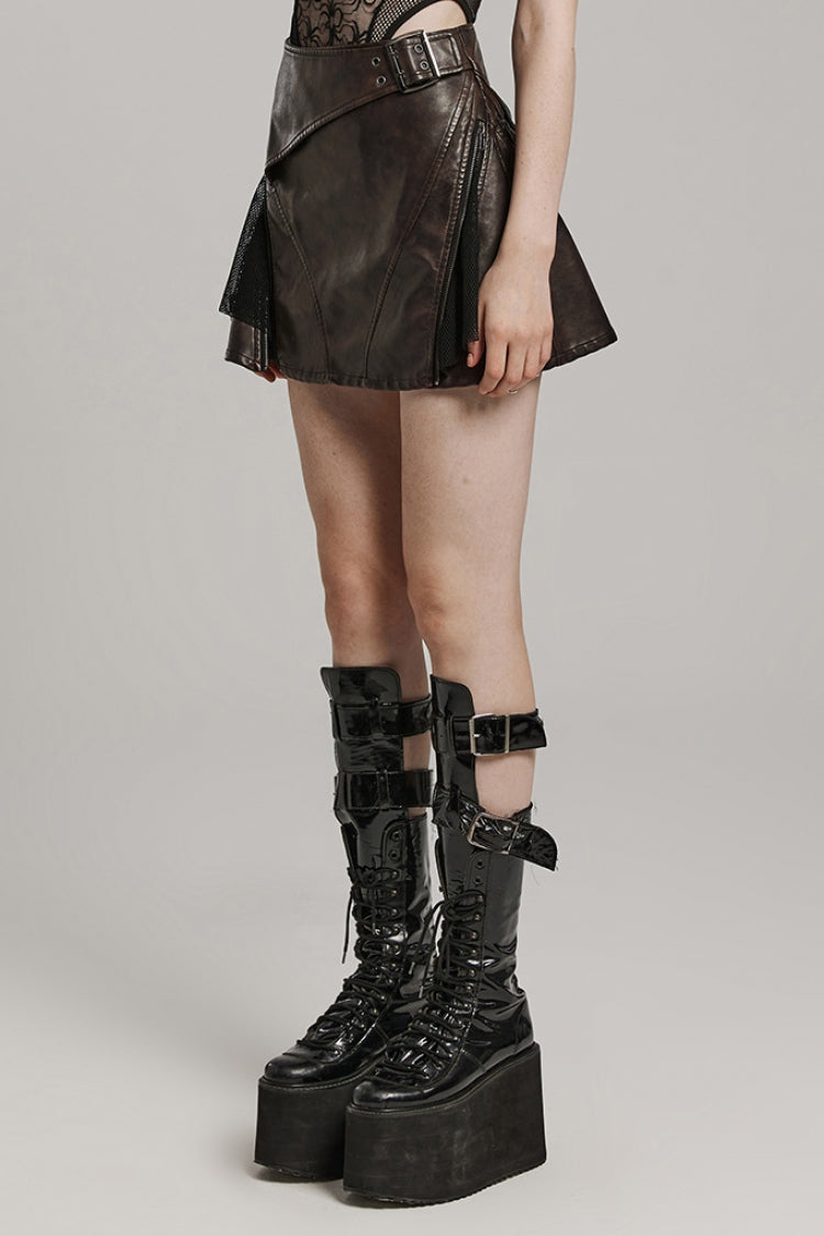 Side Zipper Faux Leather Steampunk Skirt with Buckle - Two Colors