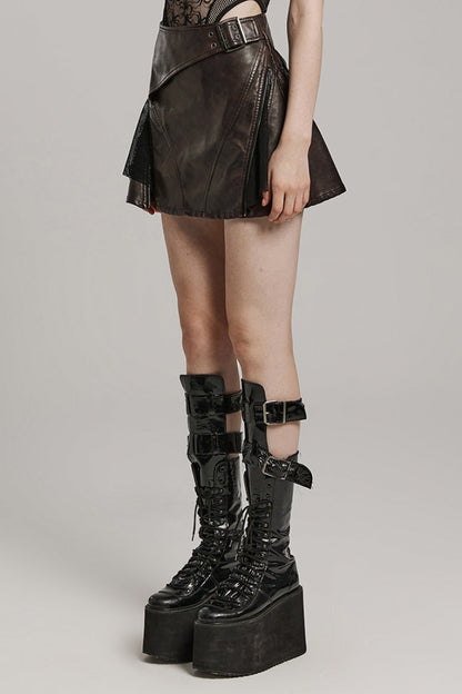 Side Zipper Faux Leather Steampunk Skirt with Buckle - Two Colors