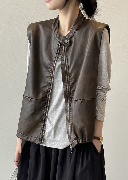 Style Coffee Zip Up Faux Leather Vest Tops Sleeveless WD014