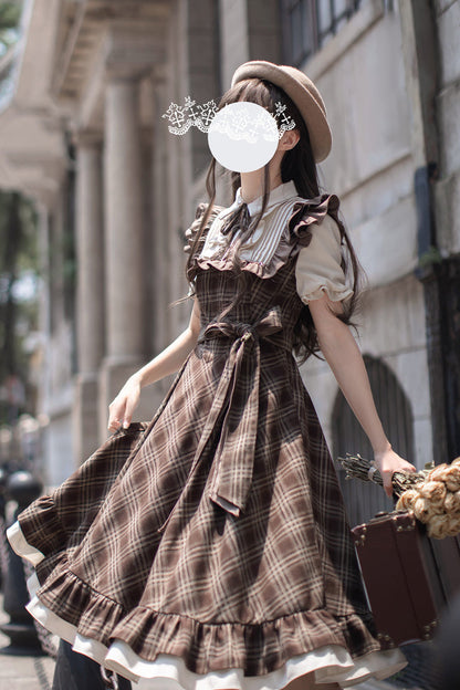 Thames at Dusk Print Vintage Lolita Dress with Ruffle - Short Sleeves