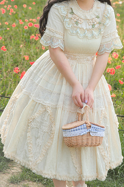 Plus Size Sweet Lolita OP Gown with Floral Embroidery, Lace Cross & Round Collar