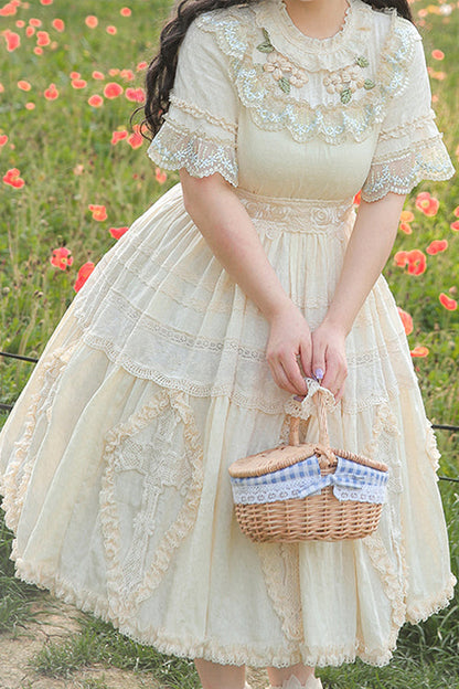 Plus Size Sweet Lolita OP Gown with Floral Embroidery, Lace Cross & Round Collar