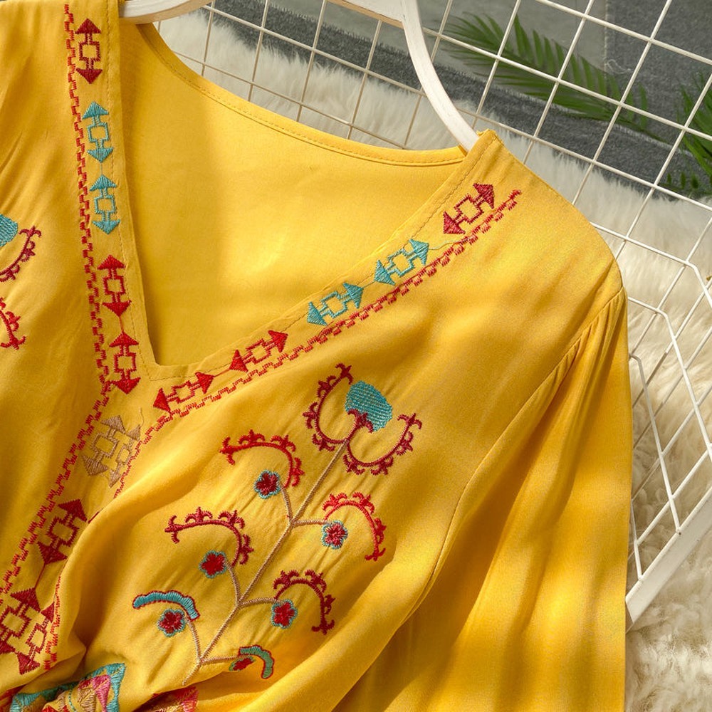 Ethnic Yellow V-Neck Embroidery Drawstring Waist Trumpet Sleeve Dress AR1008