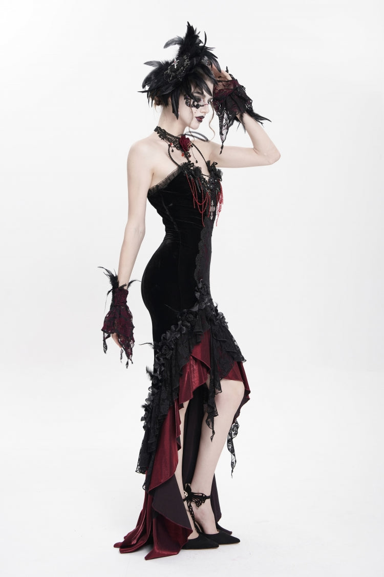 Crimson & Obsidian Sleeveless Cross Ruffled Floral Embroidered Chain-Decorated Gothic Long Slip Dress