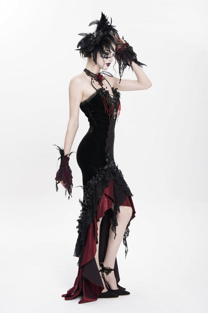 Crimson & Obsidian Sleeveless Cross Ruffled Floral Embroidered Chain-Decorated Gothic Long Slip Dress