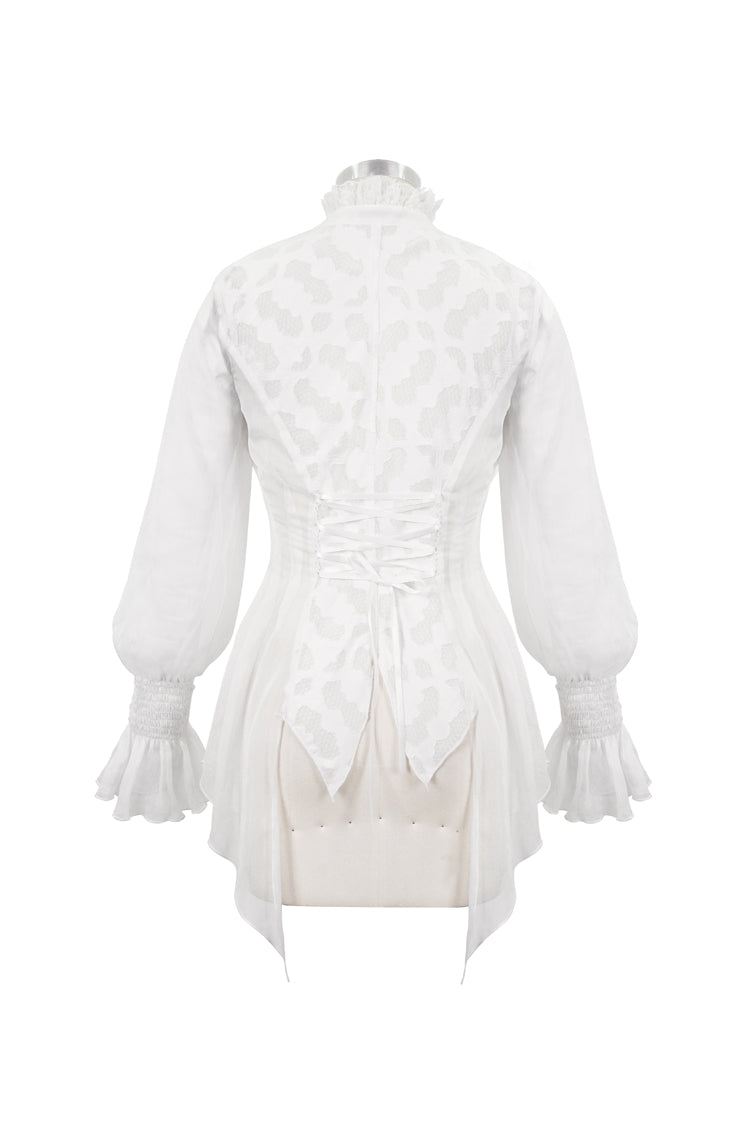 Ivory Chiffon High Collar Flared Cuff Back Lace-Up Gothic Blouse